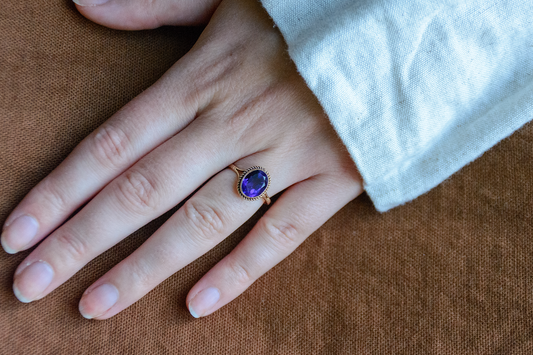 Amethyst yellow gold solitaire ring