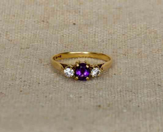 Amethyst and diamond yellow gold trio ring