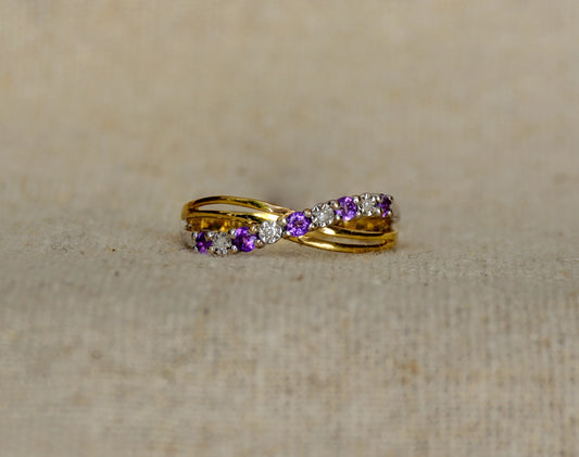 Amethyst and diamond yellow gold/white gold row ring
